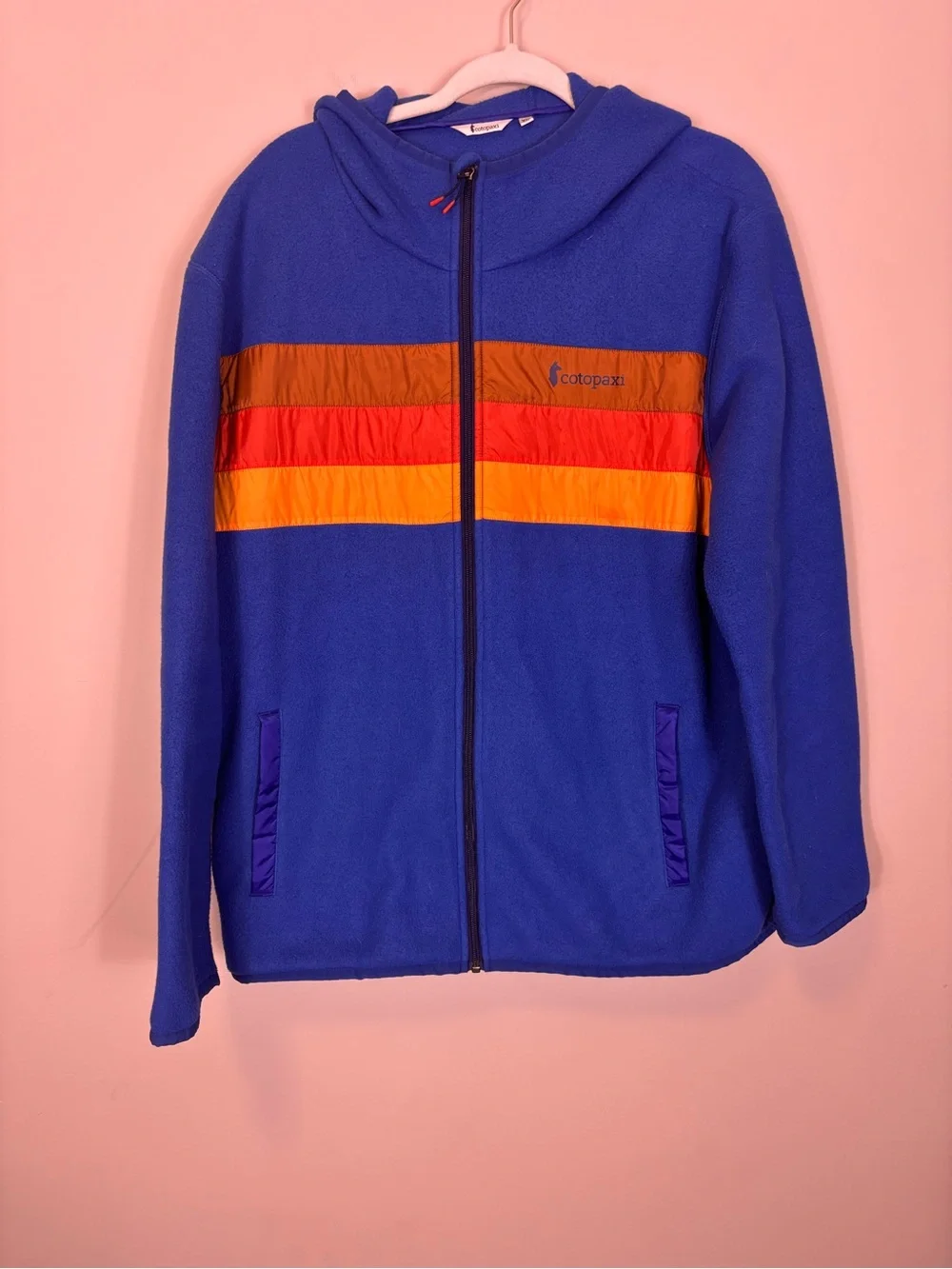 cotopaxi Blue Fleece Hooded Zip Up Jacket with Colorful Stripe Print Men’s XL